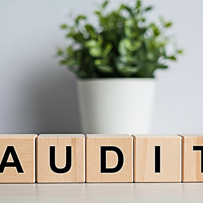Wooden blocks spelling AUDIT on a white table in a bright office setting symbolizing financial review