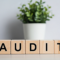 Wooden blocks spelling AUDIT on a white table in a bright office setting symbolizing financial review