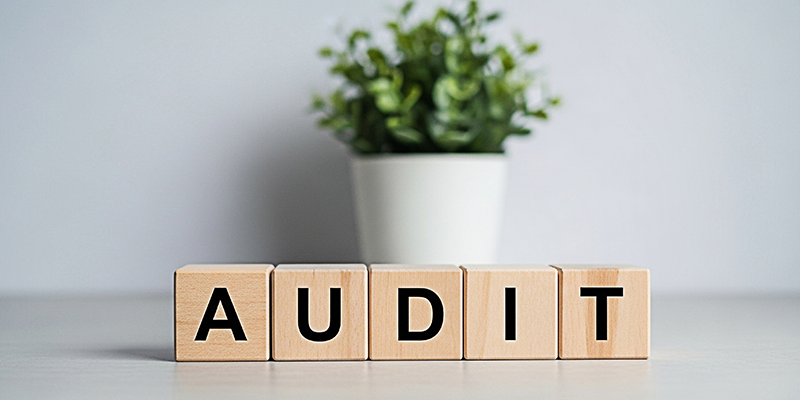 Wooden blocks spelling AUDIT on a white table in a bright office setting symbolizing financial review