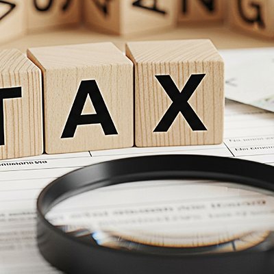 Tax preparation concept Wooden blocks spelling TAX on a tax form with Polish currency