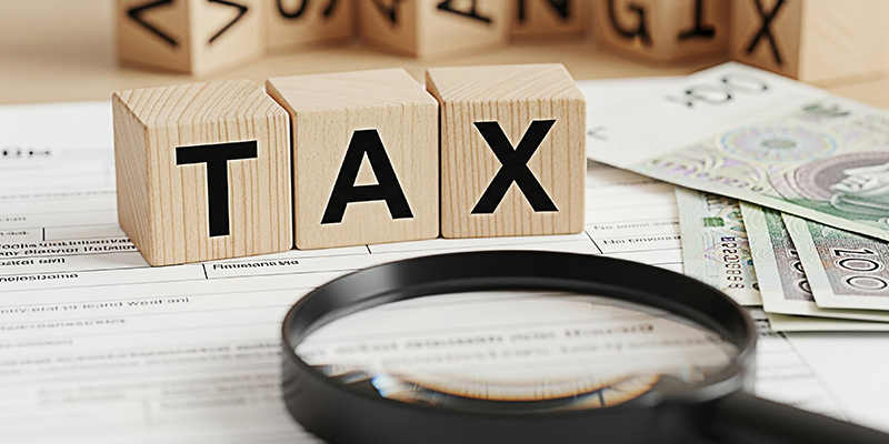 Tax preparation concept Wooden blocks spelling TAX on a tax form with Polish currency