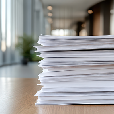 Stack of papers on a table in an office