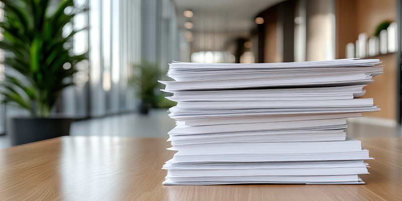 Stack of papers on a table in an office